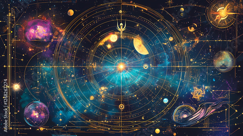 Colorful cosmic natal chart with zodiac signs, planetary positions, and celestial symbols for astrology. Celestial Cartographers. Illustration