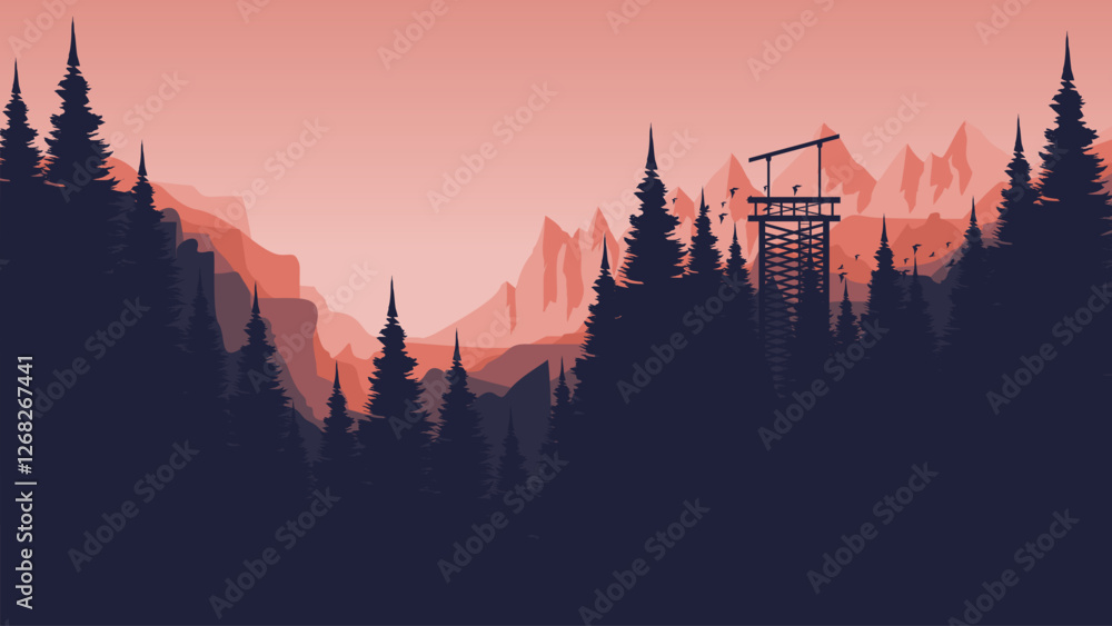 Naklejka premium Silhouette of a watchtower in a mountainous forest landscape vector illustration good for web banner, ads banner, tourism banner, wallpaper, background template, and adventure design backdrop
