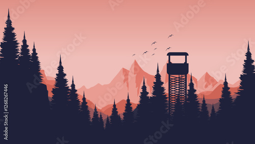Silhouette of a watchtower in a mountainous forest landscape vector illustration good for web banner, ads banner, tourism banner, wallpaper, background template, and adventure design backdrop