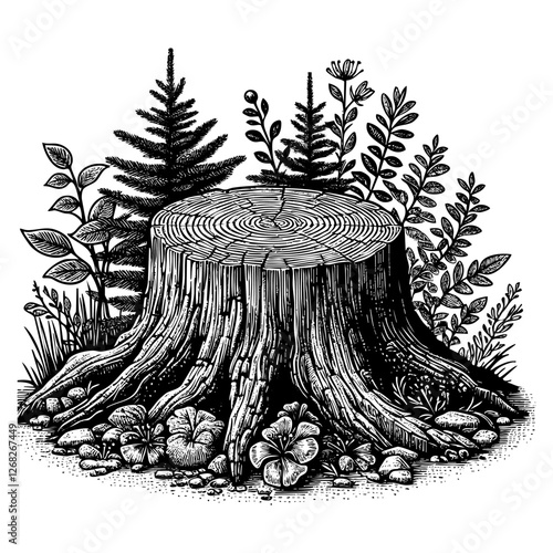 Tree stump engraving black and white outline. Scratch board imitation.  illustrated in vintage line art style on a white background.
