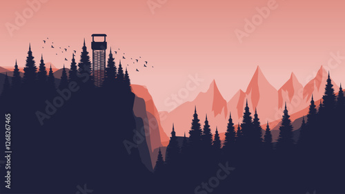 Silhouette of a watchtower in a mountainous forest landscape vector illustration good for web banner, ads banner, tourism banner, wallpaper, background template, and adventure design backdrop