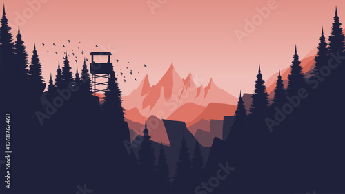 Silhouette of a watchtower in a mountainous forest landscape vector illustration good for web banner, ads banner, tourism banner, wallpaper, background template, and adventure design backdrop