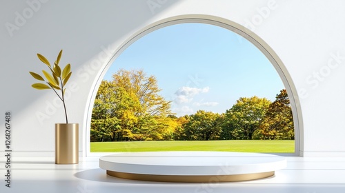 Minimalist platform with autumn scenery visible through arched window