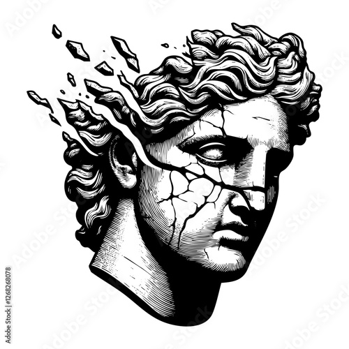 Greek man head statue broken sketch engraving black and white outline. Scratch board imitation.  illustrated in vintage line art style on a white background.