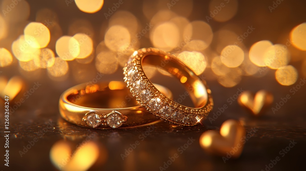 Two beautiful couple rings with sparkling diamonds surrounded by soft glowing hearts. The gold-tinted background enhances the romantic atmosphere Two beautiful couple rings with sparkling diamonds surrounded by soft glowing hearts. The gold-tinted background enhances the romantic atmosphere