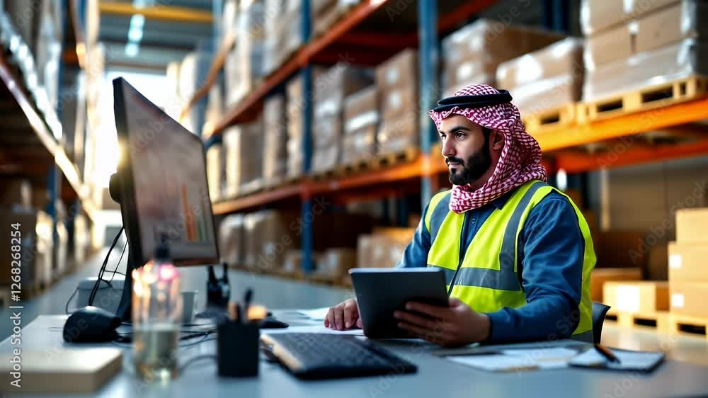 Arab Man Working in a Warehouse using Tablet and Computer Arab Man Working in a Warehouse using Tablet and Computer