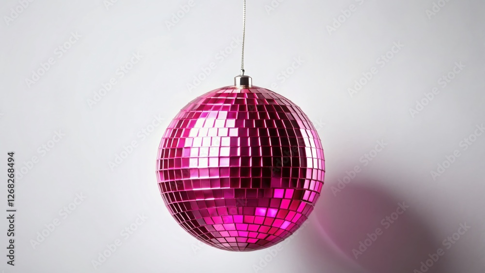 Obraz premium Pink Disco Ball Hanging from White String, White Background - Festive Food Photography Prop