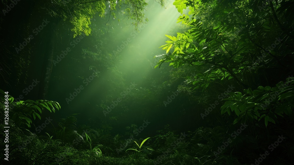 Fototapeta premium Sunlight Filtering Through Lush Green Forest Canopy