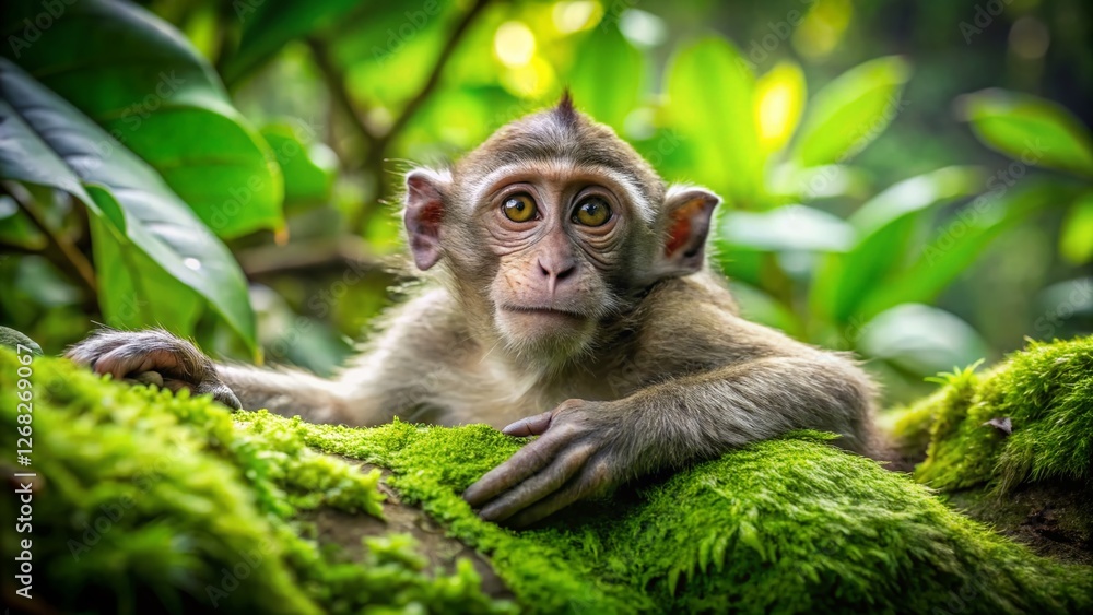 Fototapeta premium Playful Bali Monkey Relaxing in Lush Tropical Forest - Stock Photo