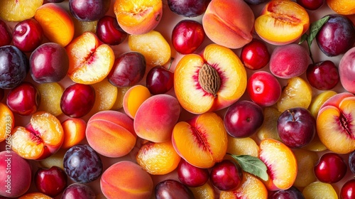A delicious mix of summer fruits including peaches, plums, cherries, and apricots, sliced and whole, no background