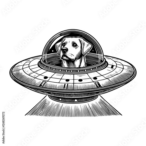 Dog driving UFO sketch engraving black and white outline. Scratch board imitation.
