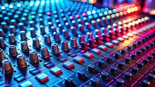 Professional Audio Mixer Console Close-Up, Red & Blue Studio Lighting, High Depth of Field Stock Photo