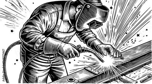 Man welding steel sketch engraving black and white outline. Scratch board imitation.