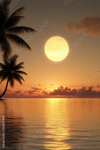 Golden sunset over tranquil ocean with palm trees silhouetted against sky. serene atmosphere evokes sense of peace and relaxation