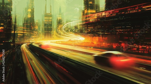 Futuristic city rush with blurred car lights in abstract speed painting photo