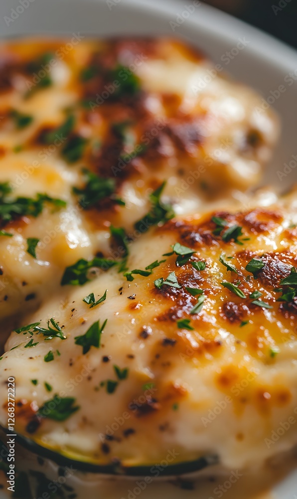 Baked zucchini with cheese and herbs close-up, generation AI Baked zucchini with cheese and herbs close-up, generation AI