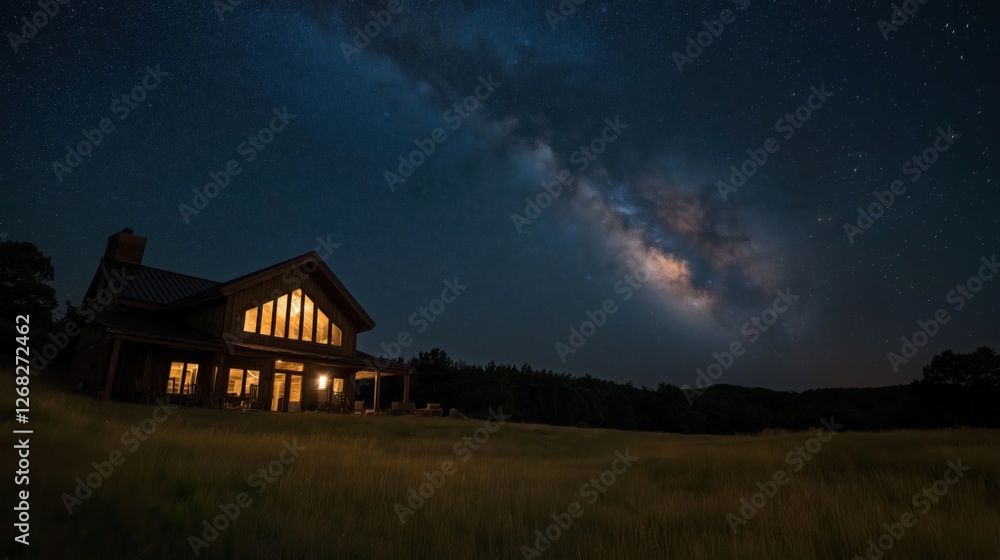 Rustic Wooden Home Illuminated Under A Starry Milky Way Night Sky Rustic Wooden Home Illuminated Under A Starry Milky Way Night Sky