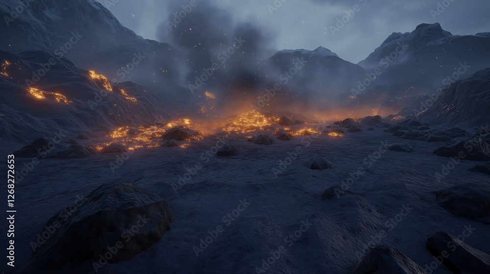 Fototapeta premium Fiery Mountain Night Landscape Dark Smoky Atmosphere