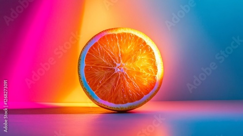 Vibrant neon-lit orange slice on reflective surface.
