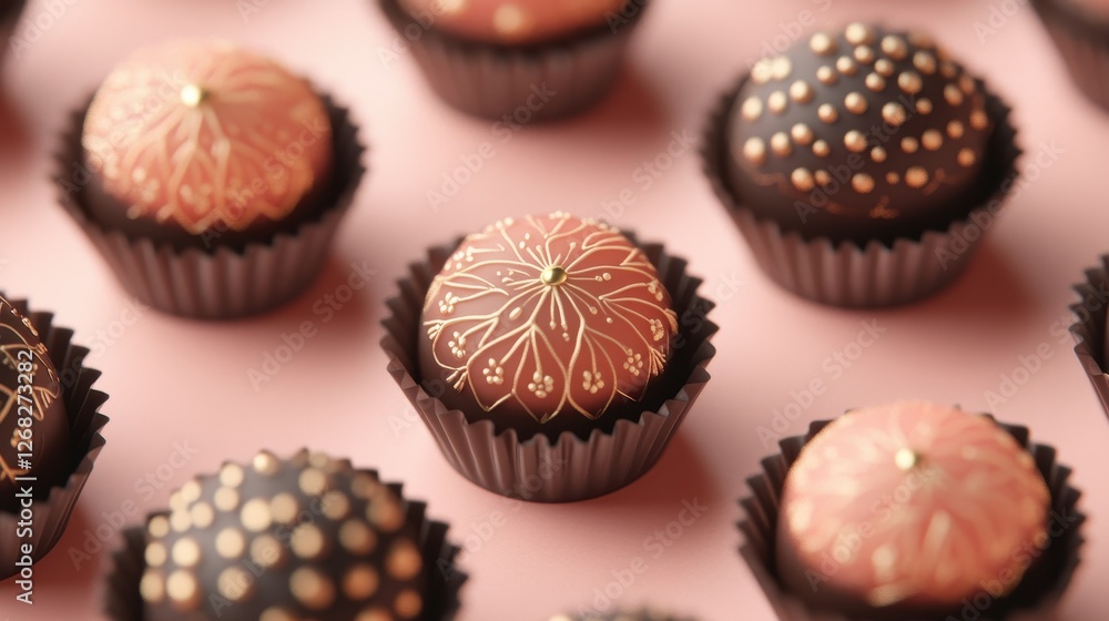 A close-up of small, chocolate love bites, decorated with intricate designs and placed on a soft blush-to-coral gradient background. The design includes golden accents A close-up of small, chocolate love bites, decorated with intricate designs and placed on a soft blush-to-coral gradient background. The design includes golden accents