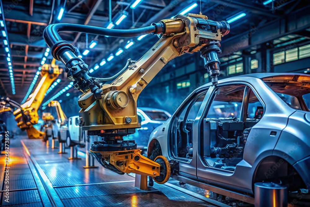 Robotic Arm Assembling Car Parts at Night in Automotive Factory Robotic Arm Assembling Car Parts at Night in Automotive Factory