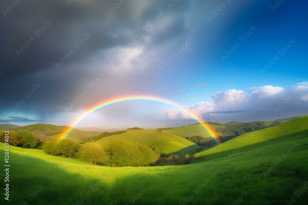 Naklejka premium rainbow over green field