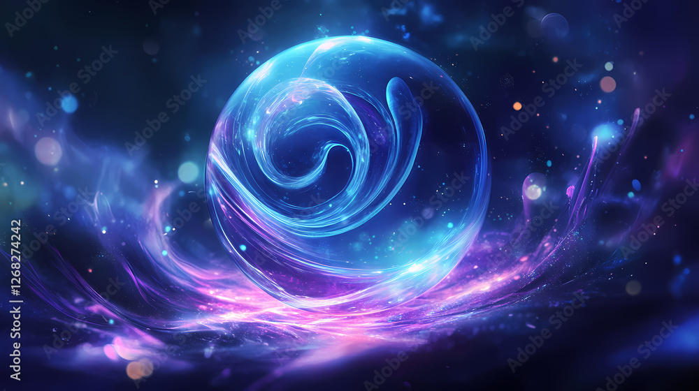 Naklejka premium Vibrant mystic energy orb with spiral glow particles on dark background. Silken Mist Spirits. Illustration