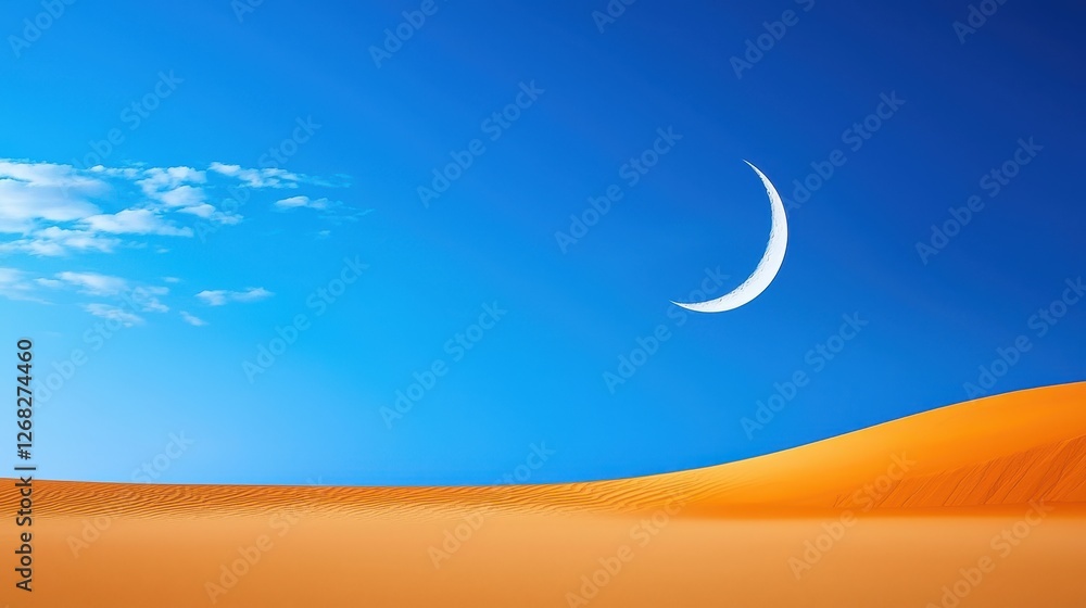 Fototapeta premium Crescent moon hangs in the clear blue desert sky