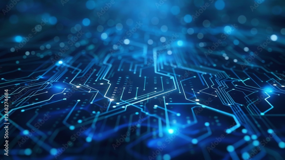 A blue background with digital circuit patterns with