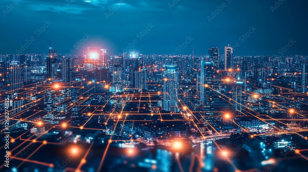Futuristic Cityscape with Network Connections, Illustrating Connectivity and Data Flow at Night Futuristic Cityscape with Network Connections, Illustrating Connectivity and Data Flow at Night