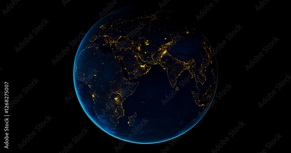 Obraz premium A stunning view of planet Earth at night, illuminated by glowing lights on a dark background.