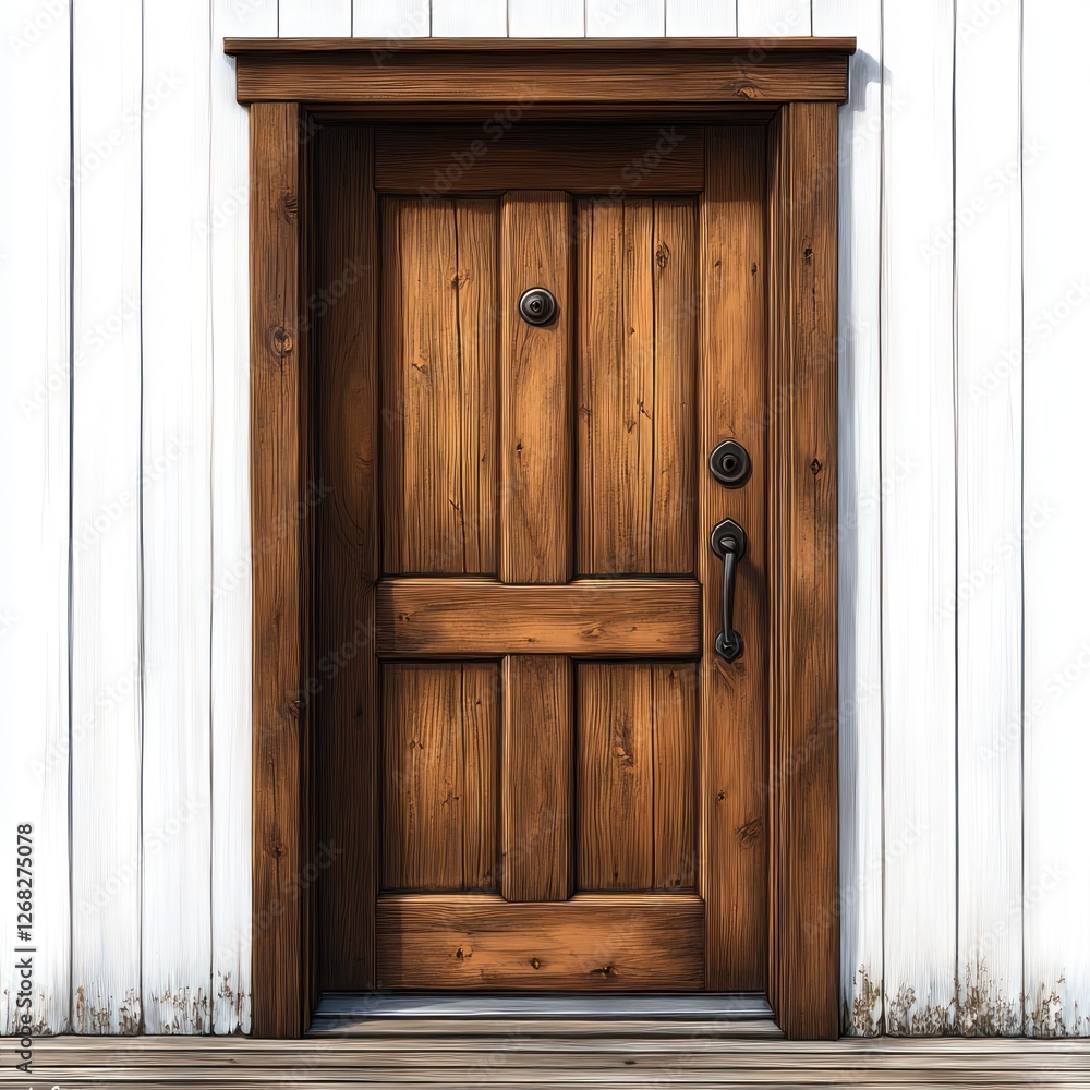 Wooden door on white house exterior, inviting entrance, idyllic background Wooden door on white house exterior, inviting entrance, idyllic background