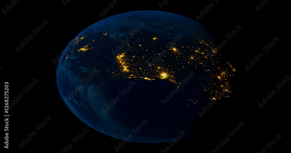 Obraz premium A stunning view of planet Earth at night, illuminated by glowing lights on a dark background.
