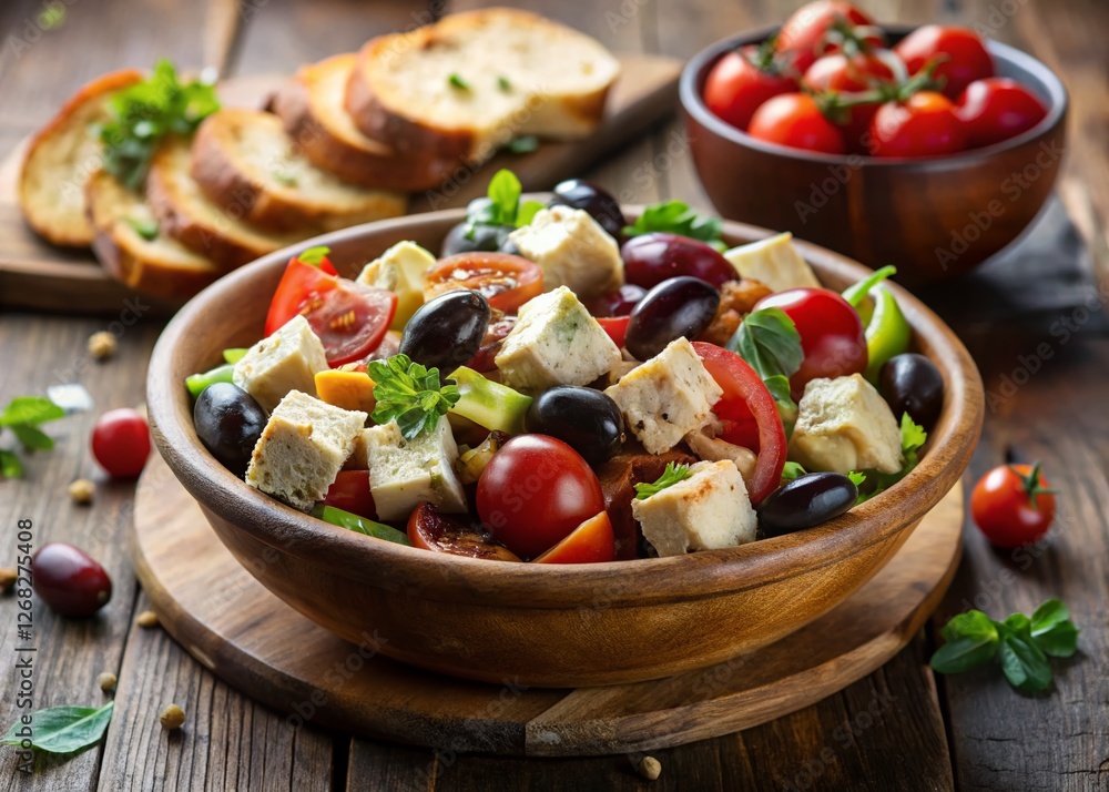 Rustic Chicken Salad with Tomatoes, Olives, Cheese & Croutons - Documentary Food Photography Rustic Chicken Salad with Tomatoes, Olives, Cheese & Croutons - Documentary Food Photography