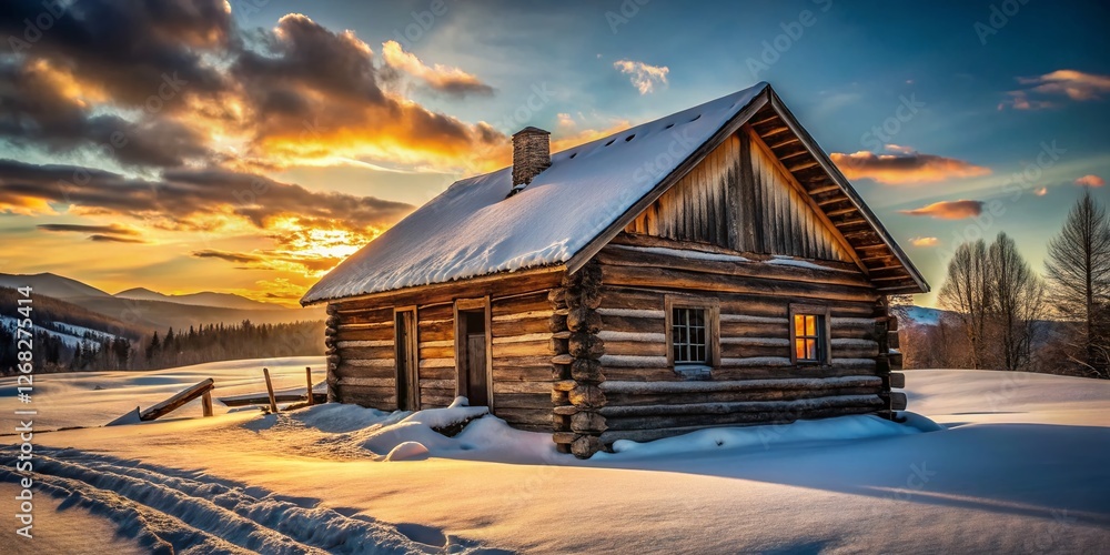 Rustic Charm: A Weathered Log Cabin Nestled in a Winter Wonderland Rustic Charm: A Weathered Log Cabin Nestled in a Winter Wonderland