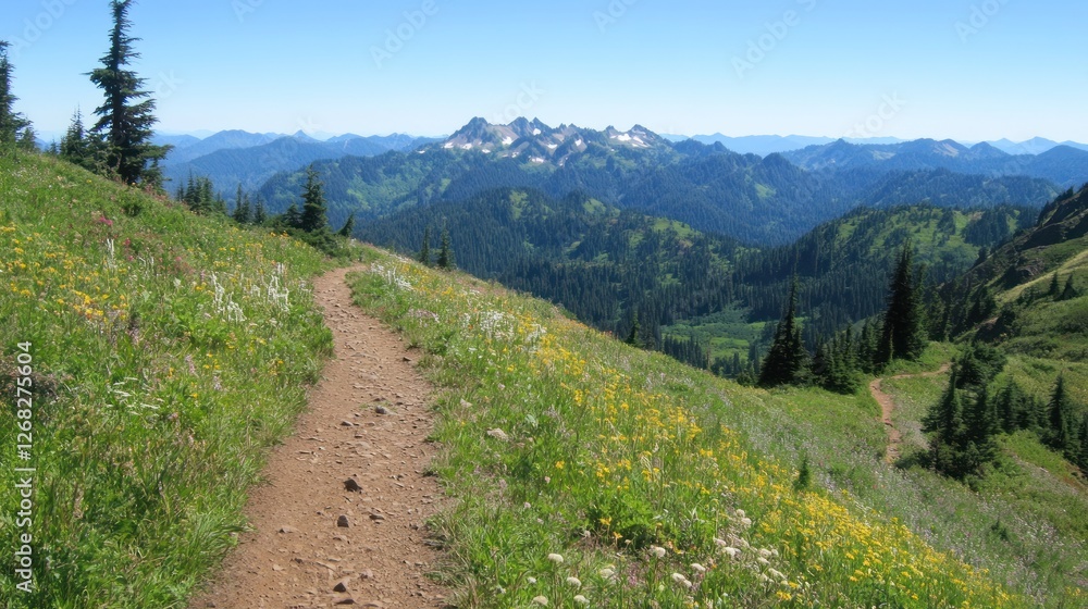 Serene Mountain Trail: A Hiking Adventure in a Wildflower Meadow Serene Mountain Trail: A Hiking Adventure in a Wildflower Meadow
