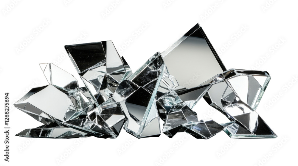 Fototapeta premium Broken mirror shards reflecting light on transparent background