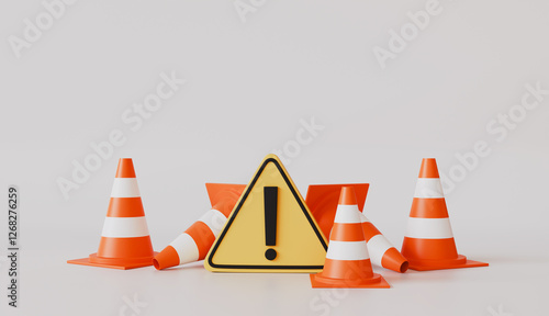 Red traffic cones with triangle warning symbol icon isolated on pastel color background, accident prevention concept
