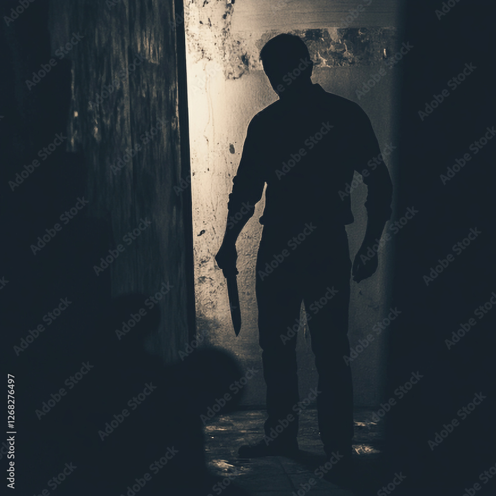 Silhouette of a mysterious figure holding a weapon in a dark, eerie alleyway with dramatic lighting and fog, creating a suspenseful and cinematic horror atmosphere Silhouette of a mysterious figure holding a weapon in a dark, eerie alleyway with dramatic lighting and fog, creating a suspenseful and cinematic horror atmosphere