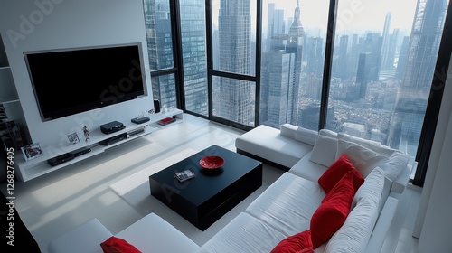 Modern city apartment living room, panoramic view photo