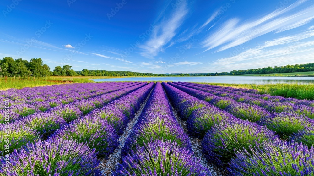 Beautiful lavender field stretches towards a lake underneath a blue sky Beautiful lavender field stretches towards a lake underneath a blue sky