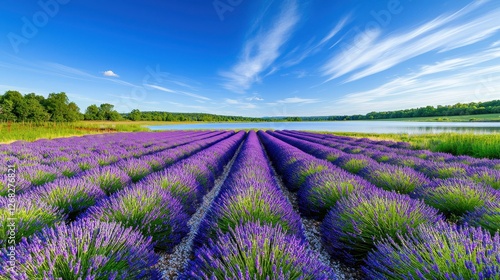 Beautiful lavender field stretches towards a lake underneath a blue sky