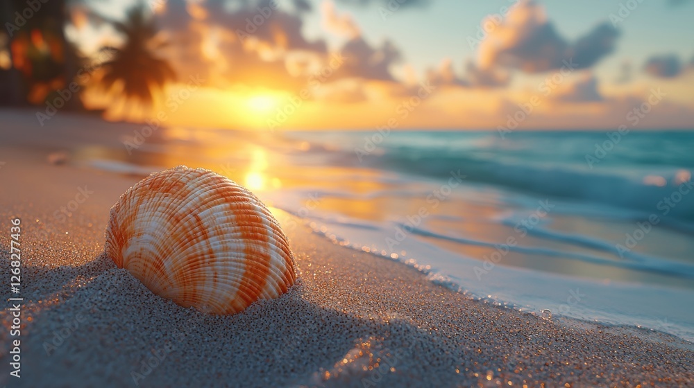 A seashell resting on the beach at sunset with gentle waves in the background. A seashell resting on the beach at sunset with gentle waves in the background.