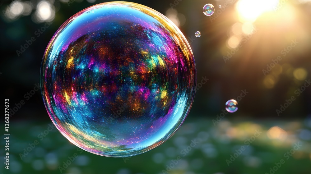 Colorful soap bubble floating in a sunlit garden, reflecting vibrant hues and blurred flowers in background Colorful soap bubble floating in a sunlit garden, reflecting vibrant hues and blurred flowers in background