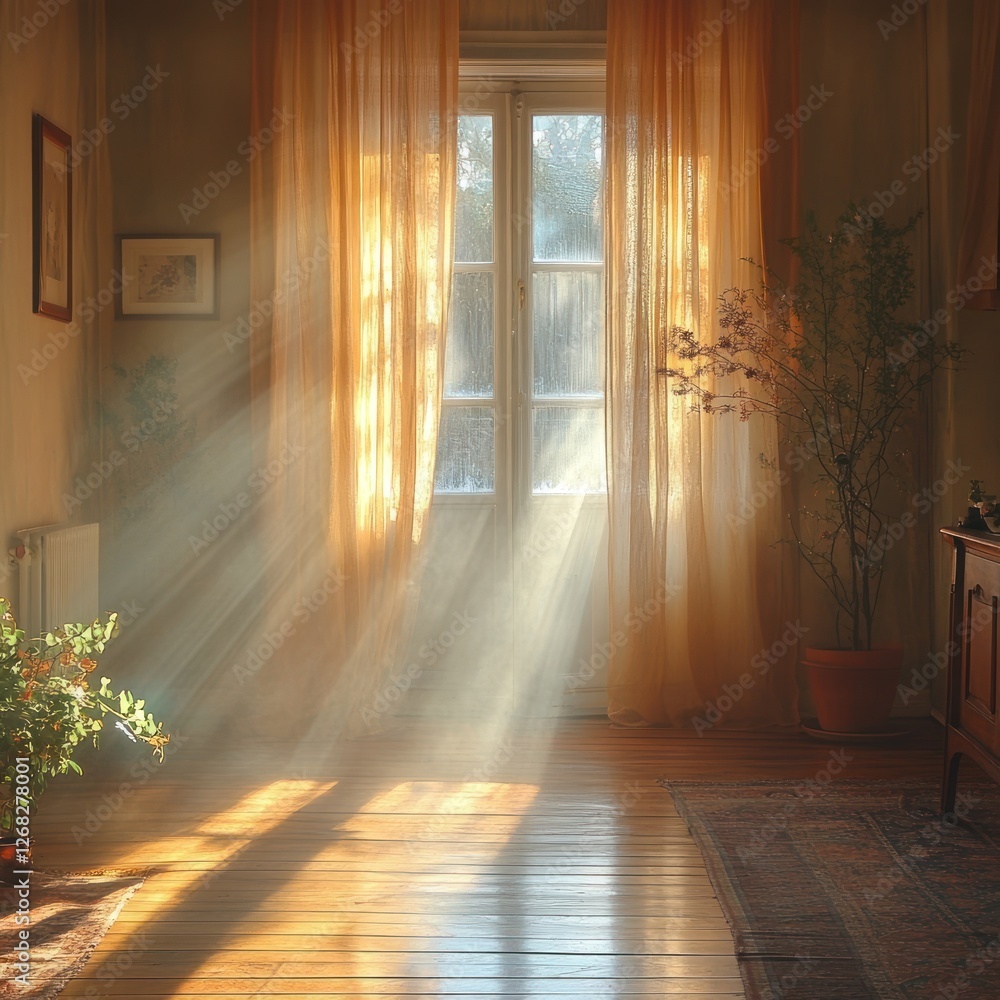 Sunlight streams through curtains in a cozy room with a view Sunlight streams through curtains in a cozy room with a view