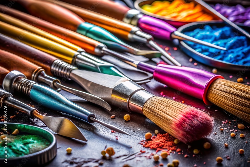 Fototapeta premium Sculpting Tools on Black Background: Artisan Craftsmanship & Creative Space
