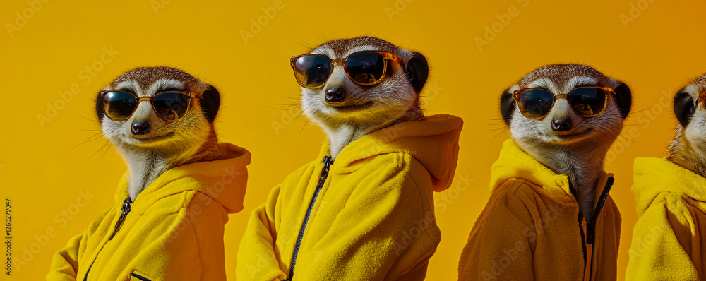 Fototapeta premium Hyper-realistic photo of meerkats wearing yellow suits and sunglasses, standing in an empty plain with an orange background.