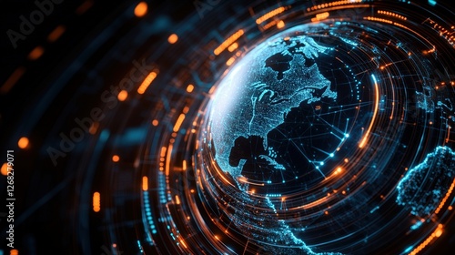 Globe with network of orange and blue lights and connection lines surrounding earths surface