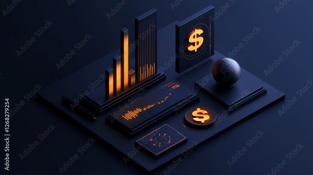 3D isometric dark financial data visualization. 3D isometric dark financial data visualization.