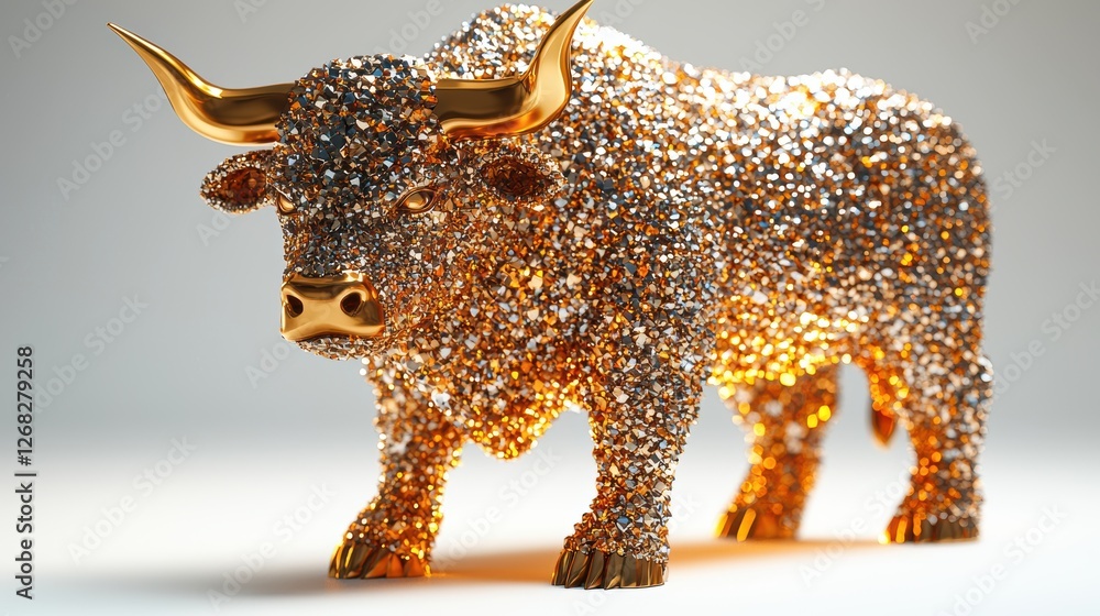 Obraz premium A sparkling bull sculpture made of gems and metallic elements.
